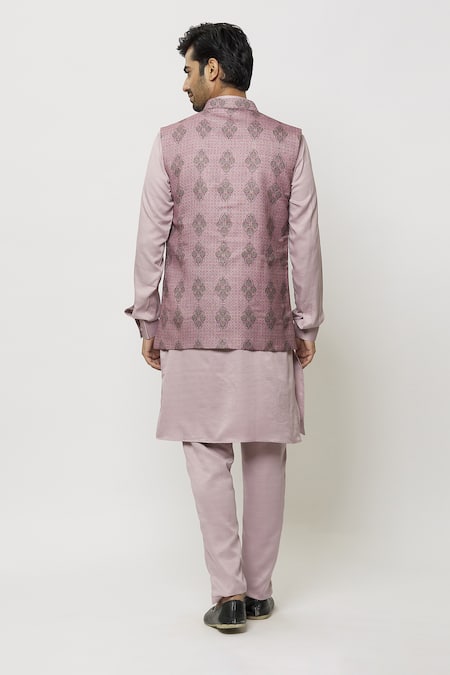 Shop_Arihant Rai Sinha_Pink Silk Embroidery Mughal Print Nehru Jacket _at_Aza_Fashions