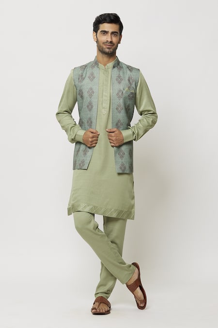 Buy_Arihant Rai Sinha_Green Silk Embroidery Art Printed Jacket Aligadi Pant Set _Online_at_Aza_Fashions