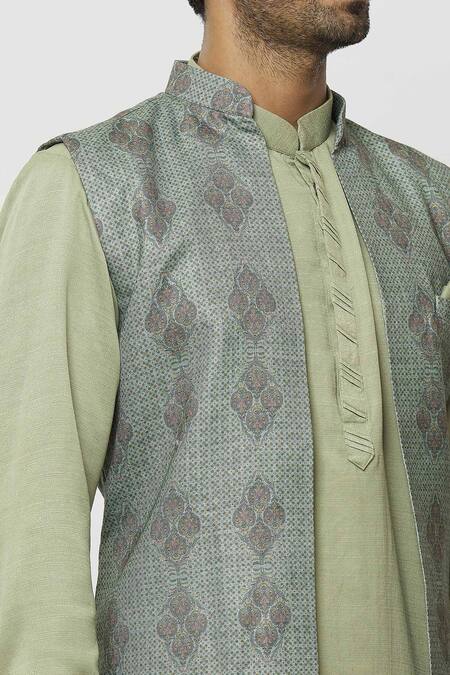 Shop_Arihant Rai Sinha_Green Silk Embroidery Art Printed Jacket Aligadi Pant Set _Online_at_Aza_Fashions