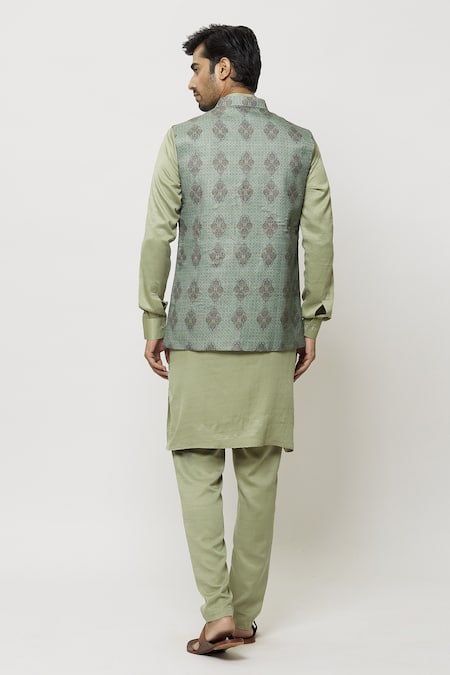 Shop_Arihant Rai Sinha_Green Silk Embroidery Art Printed Jacket Aligadi Pant Set _at_Aza_Fashions