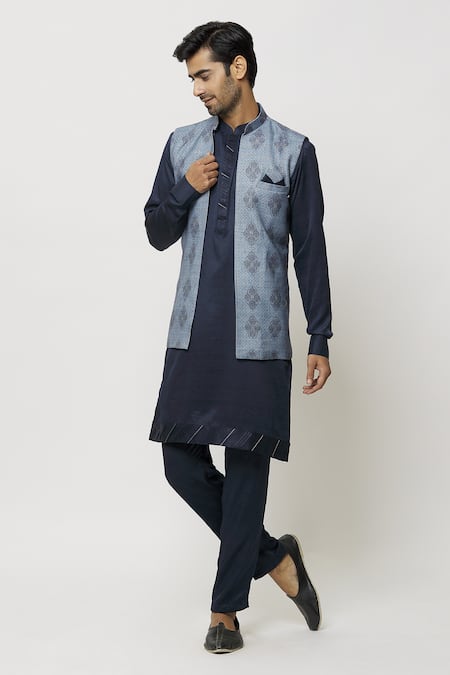 Aryavir Malhotra Blue Kurta And Pant Art Banarasi Silk Printed Long Jacket Aligadi Set 