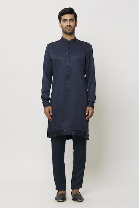 Arihant Rai Sinha_Blue Silk Embroidery Printed Long Jacket Aligadi Pant Set _Online_at_Aza_Fashions