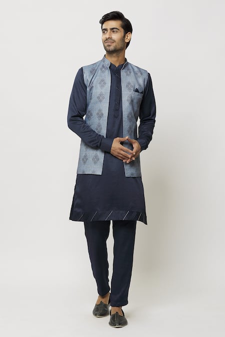 Buy_Arihant Rai Sinha_Blue Silk Embroidery Printed Long Jacket Aligadi Pant Set _Online_at_Aza_Fashions