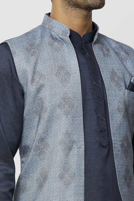 Shop_Arihant Rai Sinha_Blue Silk Embroidery Printed Long Jacket Aligadi Pant Set _Online_at_Aza_Fashions