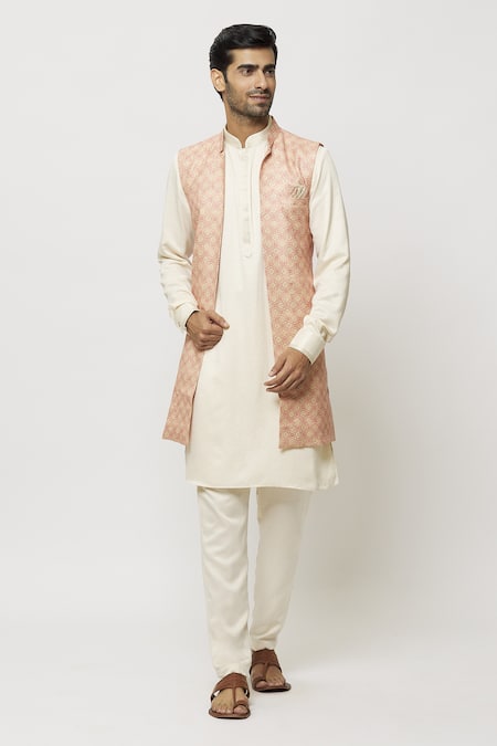 Buy_Arihant Rai Sinha_Cream Silk Embroidery Mughal Print Sleeveless Jacket Aligadi Pant Set _Online_at_Aza_Fashions