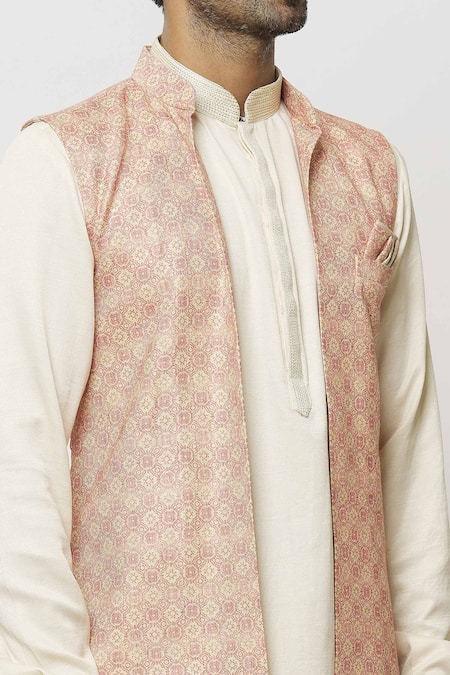 Shop_Arihant Rai Sinha_Cream Silk Embroidery Mughal Print Sleeveless Jacket Aligadi Pant Set _Online_at_Aza_Fashions
