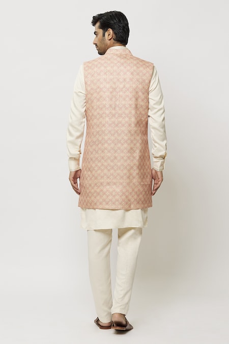 Shop_Arihant Rai Sinha_Cream Silk Embroidery Mughal Print Sleeveless Jacket Aligadi Pant Set _at_Aza_Fashions