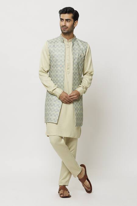 Arihant Rai Sinha_Blue Silk Mughal Print Nehru Jacket _Online_at_Aza_Fashions