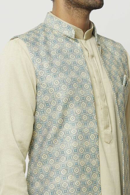 Buy_Arihant Rai Sinha_Blue Silk Mughal Print Nehru Jacket _Online_at_Aza_Fashions