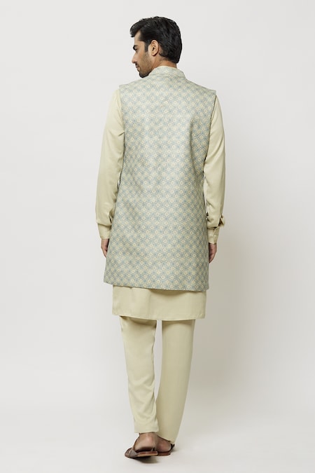 Shop_Arihant Rai Sinha_Blue Silk Mughal Print Nehru Jacket _at_Aza_Fashions