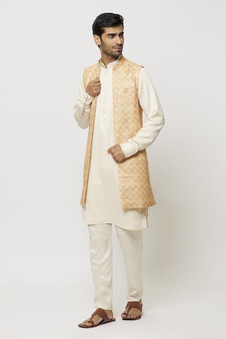 Buy_Arihant Rai Sinha_Cream Silk Embroidery Printed Jacket And Aligadi Pant Set _Online_at_Aza_Fashions