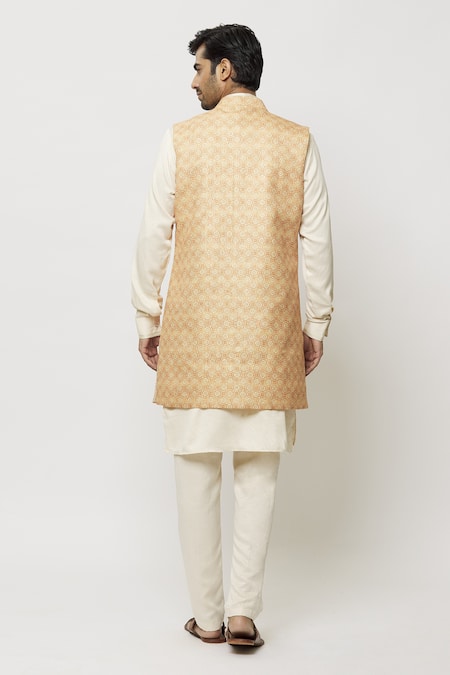 Shop_Arihant Rai Sinha_Cream Silk Embroidery Printed Jacket And Aligadi Pant Set _at_Aza_Fashions