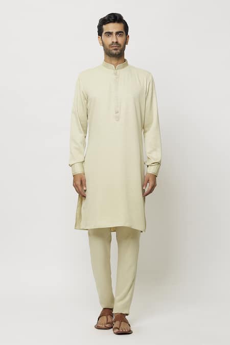 Men Cream & Yellow Kurta with Churidar & Printed Nehru Jacket - KRAFT INDIA  - 3738540