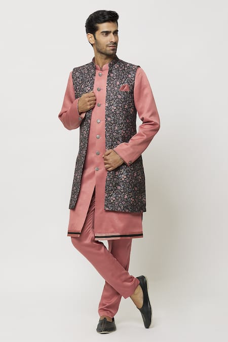 Aryavir Malhotra Pink Sherwani And Pant Art Banarasi Silk Plain Printed Jacket Set