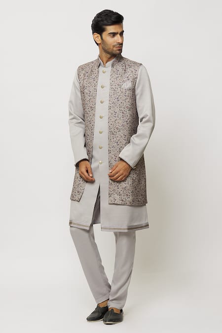 Aryavir Malhotra Grey Sherwani And Pant Art Banarasi Silk Printed Jacket Aligadi Set 