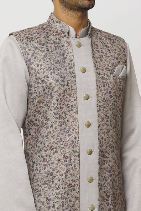Buy_Arihant Rai Sinha_Grey Silk Printed Jacket Aligadi Pant Set _Online_at_Aza_Fashions