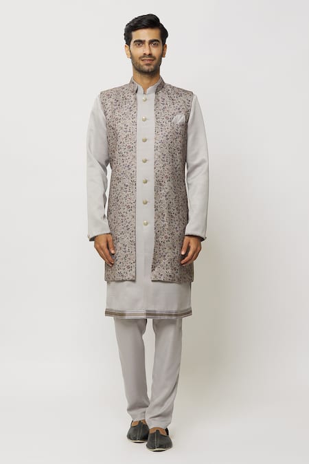 Shop_Arihant Rai Sinha_Grey Silk Printed Jacket Aligadi Pant Set _Online_at_Aza_Fashions