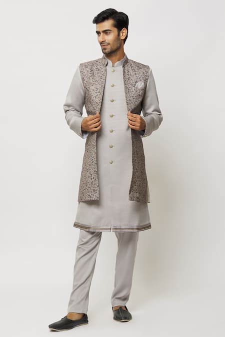 Arihant Rai Sinha_Grey Silk Printed Jacket Aligadi Pant Set _at_Aza_Fashions