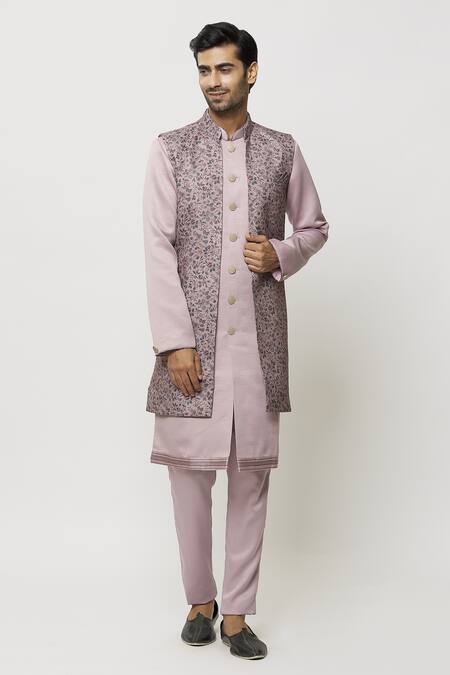 Aryavir Malhotra Pink Sherwani And Pant Art Banarasi Silk Solid Printed Jacket Set