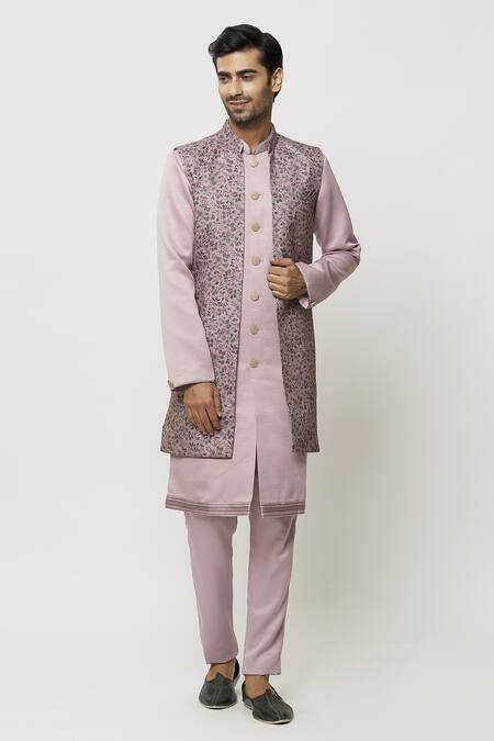 Aryavir Malhotra Pink Sherwani And Pant Art Banarasi Silk Solid Printed Jacket Set 