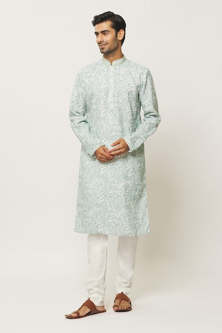 Arihant Rai Sinha_Blue Cotton, Silk, Embroidery Forest Print Kurta With Churidar_at_Aza_Fashions