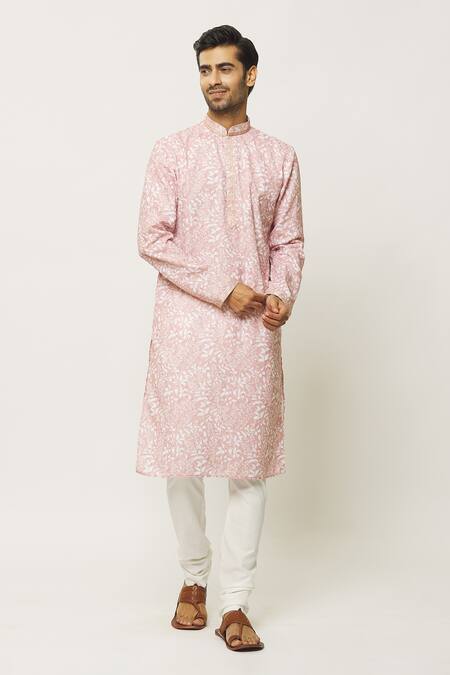 Arihant Rai Sinha_Pink Cotton, Chanderi Embroidery Forest Print Pastel Kurta With Churidar_at_Aza_Fashions
