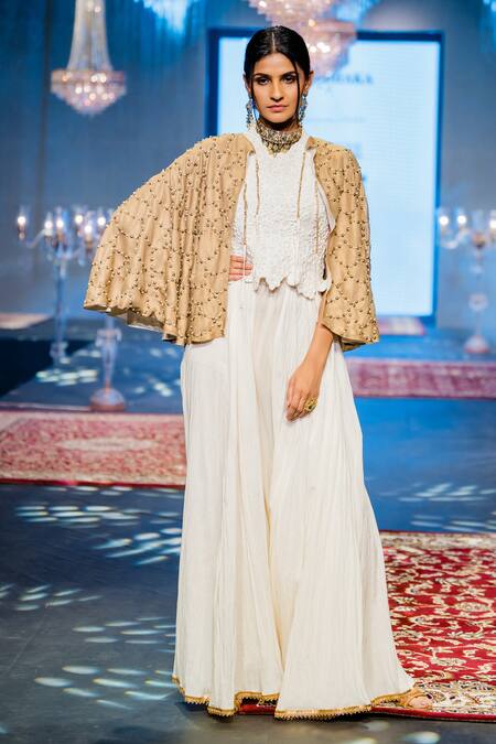 Buy_Rina Dhaka_Gold Cotton Sequins Halter Neck Alzir Embroidered Cape Sharara Set_Online_at_Aza_Fashions