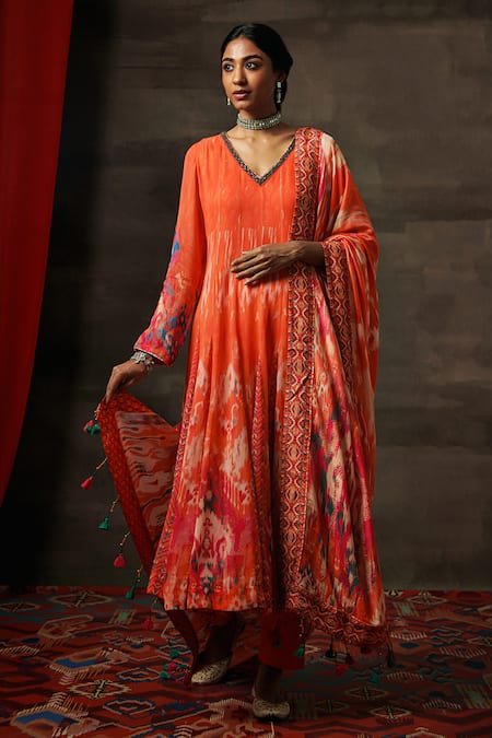 Saundh Orange Georgette Printed Ikat V Neck Saba Anarkali Set 