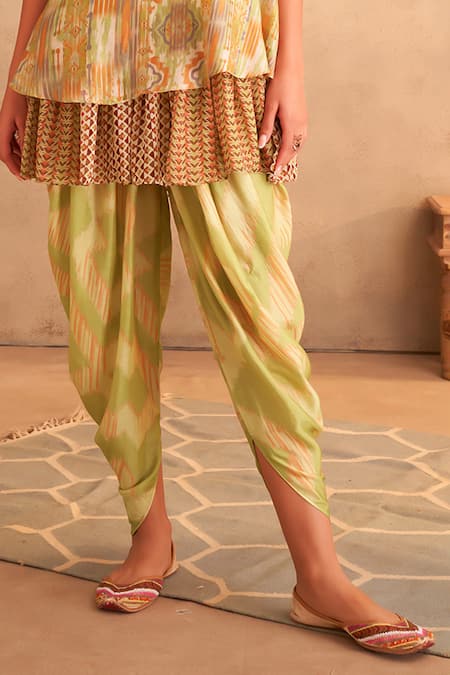 Saundh_Green Cotton, Silk Tassels Round Neck Yasmin Printed Kurta And Dhoti Pant Set_Online_at_Aza_Fashions