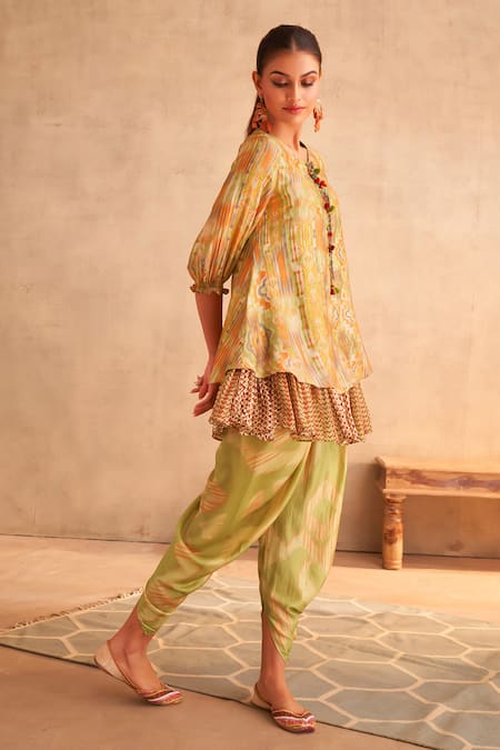 Buy_Saundh_Green Cotton, Silk Tassels Round Neck Yasmin Printed Kurta And Dhoti Pant Set_Online_at_Aza_Fashions