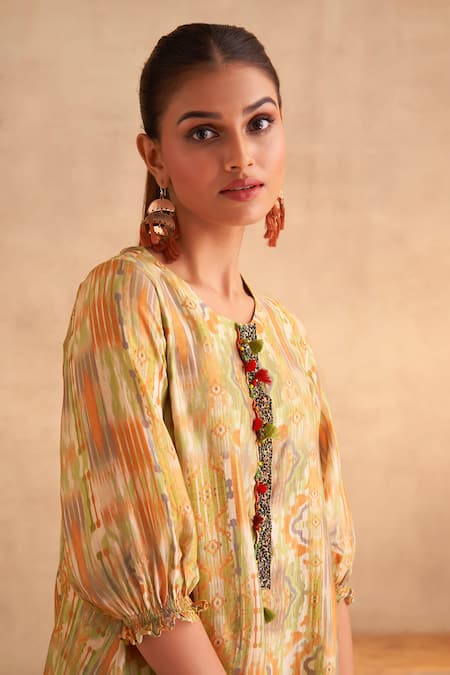 Saundh_Green Cotton, Silk Tassels Round Neck Yasmin Printed Kurta And Dhoti Pant Set_at_Aza_Fashions