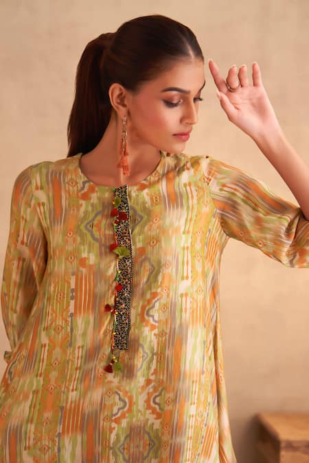 Buy_Saundh_Green Cotton, Silk Tassels Round Neck Yasmin Printed Kurta And Dhoti Pant Set