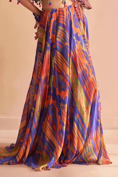 Saundh Blue Georgette Tassels V-neck Aria Geometric Print Lehenga And Cape Blouse Set Online at Aza Fashions Saundh_Blue Georgette Tassels V-neck Aria Geometric Print Lehenga And Cape Blouse Set_Online_at_Aza_Fashions