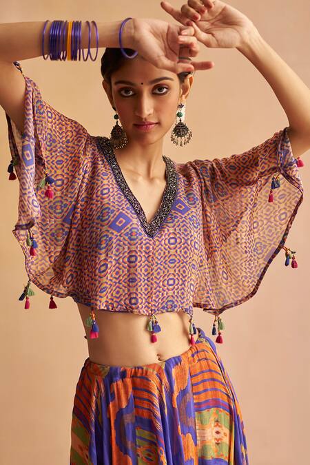 Buy Saundh Blue Georgette Tassels V-neck Aria Geometric Print Lehenga And Cape Blouse Set Online at Aza Fashions Buy_Saundh_Blue Georgette Tassels V-neck Aria Geometric Print Lehenga And Cape Blouse Set_Online_at_Aza_Fashions