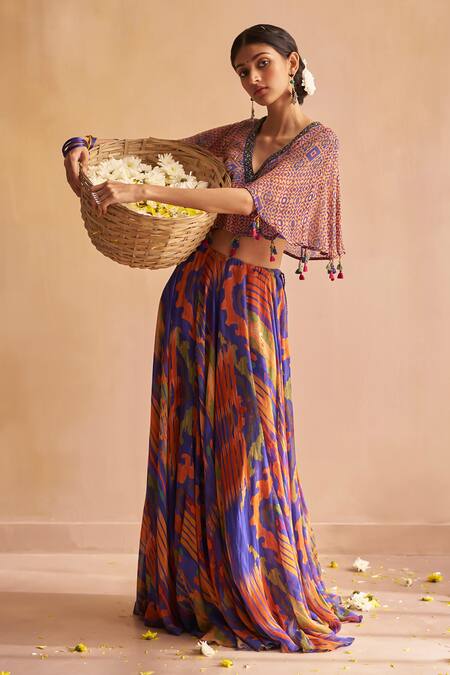 Shop Saundh Blue Georgette Tassels V-neck Aria Geometric Print Lehenga And Cape Blouse Set Online at Aza Fashions Shop_Saundh_Blue Georgette Tassels V-neck Aria Geometric Print Lehenga And Cape Blouse Set_Online_at_Aza_Fashions