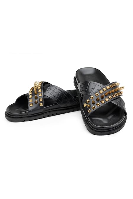 SHUTIQ Black Embellished Rebel Antique Slides For Men