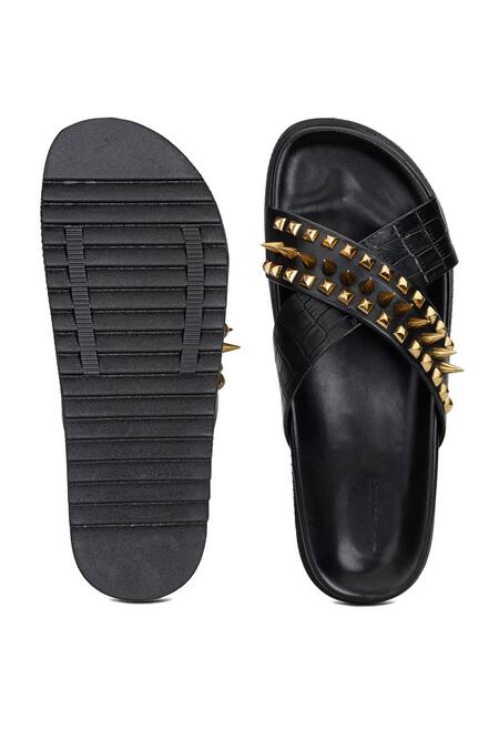 Buy Black Embellished Rebel Antique Slides For Men by SHUTIQ