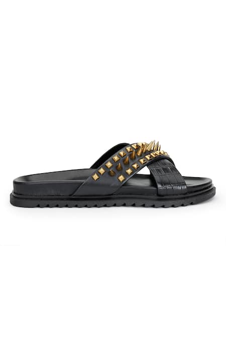 Shutiq_Black Embellished Leather Slides _Online_at_Aza_Fashions
