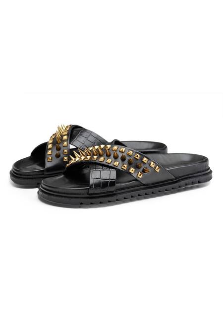 SHUTIQ Black Embellished Rebel Antique Slides For Men