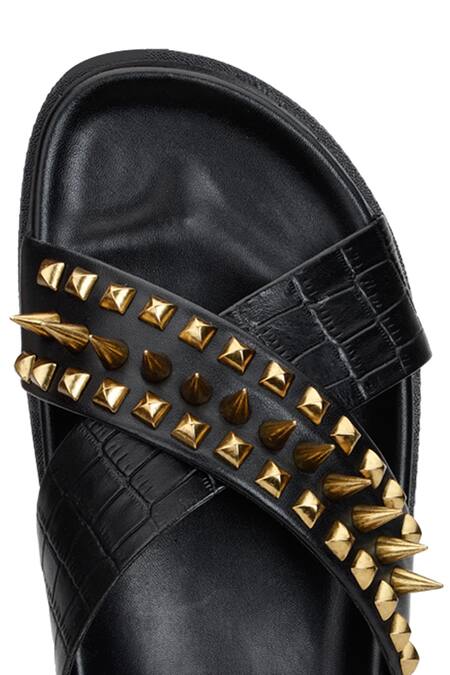 SHUTIQ Black Embellished Rebel Antique Slides For Men