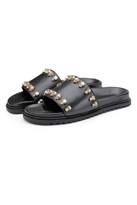 SHUTIQ Black Embellished Rebel Slides For Men