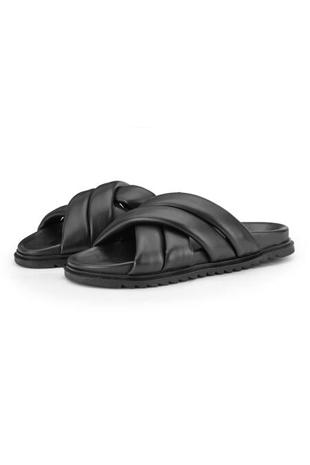 Shutiq_Black Rove Solid Leather Slides _Online_at_Aza_Fashions