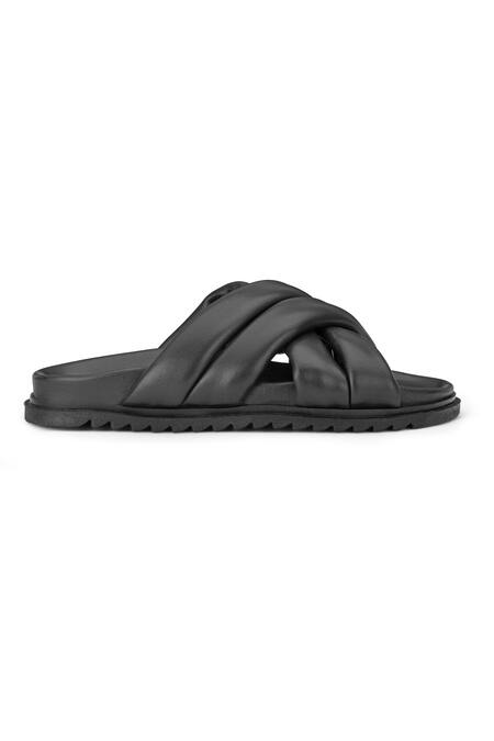 Buy_Shutiq_Black Rove Solid Leather Slides _Online_at_Aza_Fashions