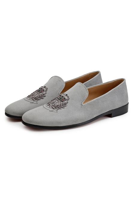 Buy_Shutiq_Grey Royal Emblem Sterling Embroidered Slip-on Shoes _Online_at_Aza_Fashions