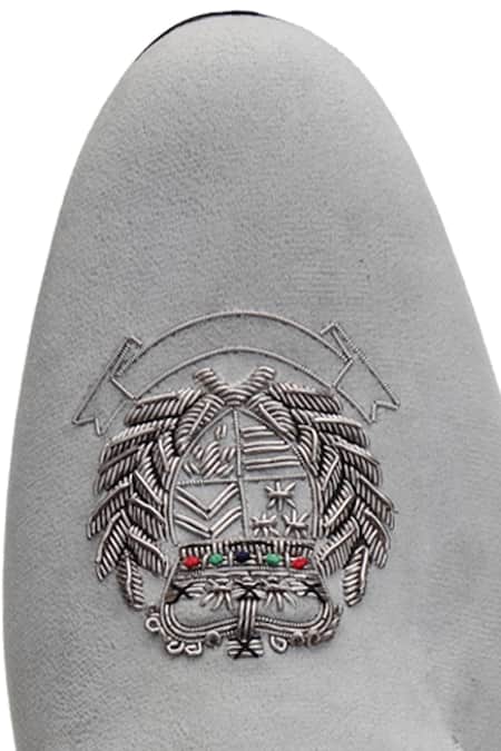 Shop_Shutiq_Grey Royal Emblem Sterling Embroidered Slip-on Shoes _Online_at_Aza_Fashions