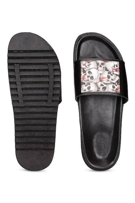 Shop Shutiq Black Digital Printed Skelly Coal Leather Slides at Aza Fashions Shop_Shutiq_Black Digital Printed Skelly Coal Leather Slides _at_Aza_Fashions