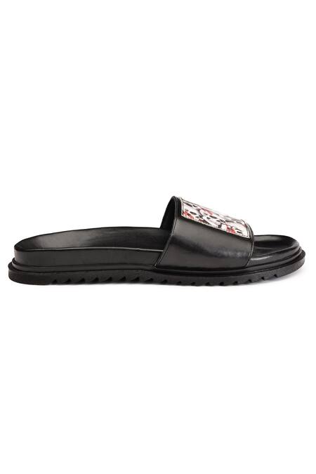Shop Shutiq Black Digital Printed Skelly Coal Leather Slides Online at Aza Fashions Shop_Shutiq_Black Digital Printed Skelly Coal Leather Slides _Online_at_Aza_Fashions