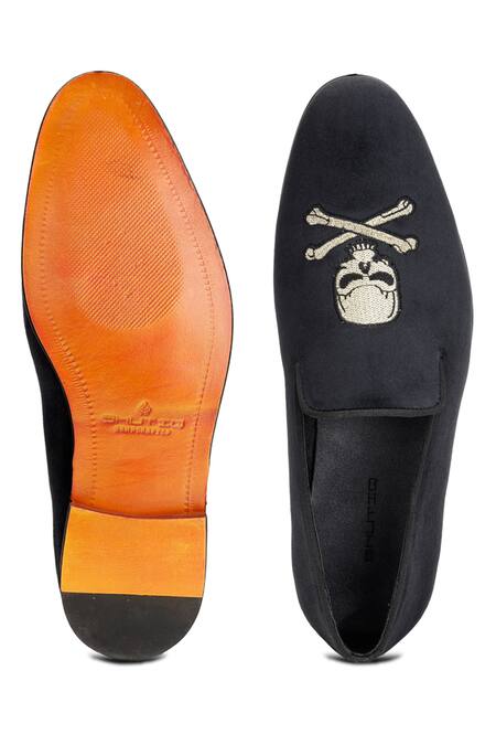 Buy Black Hand Embroidered Skull Coal Slip on Shoes For Men by