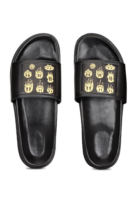 Shutiq_Black Digital Printed Smiley Leather Slides _Online_at_Aza_Fashions