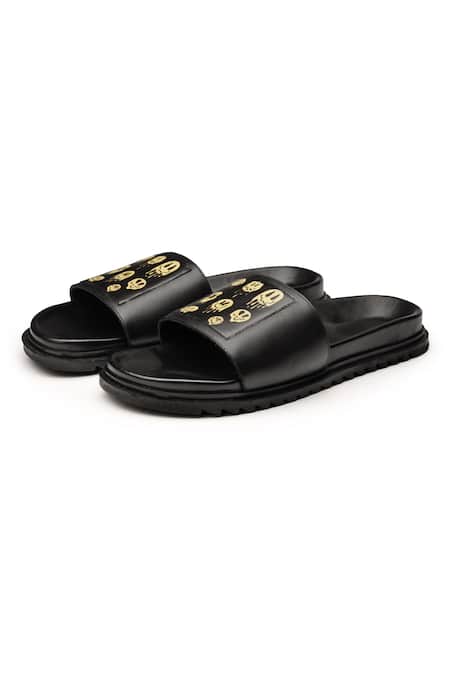 Buy_Shutiq_Black Digital Printed Smiley Leather Slides _Online_at_Aza_Fashions